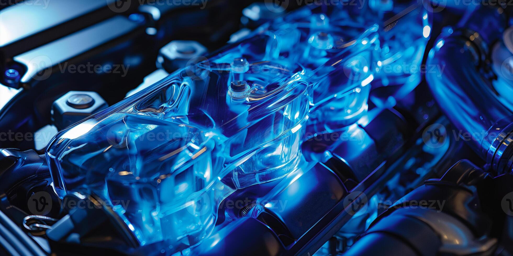 CloseUp of HighTech Engine Component Illuminated with Blue LED Lighting photo