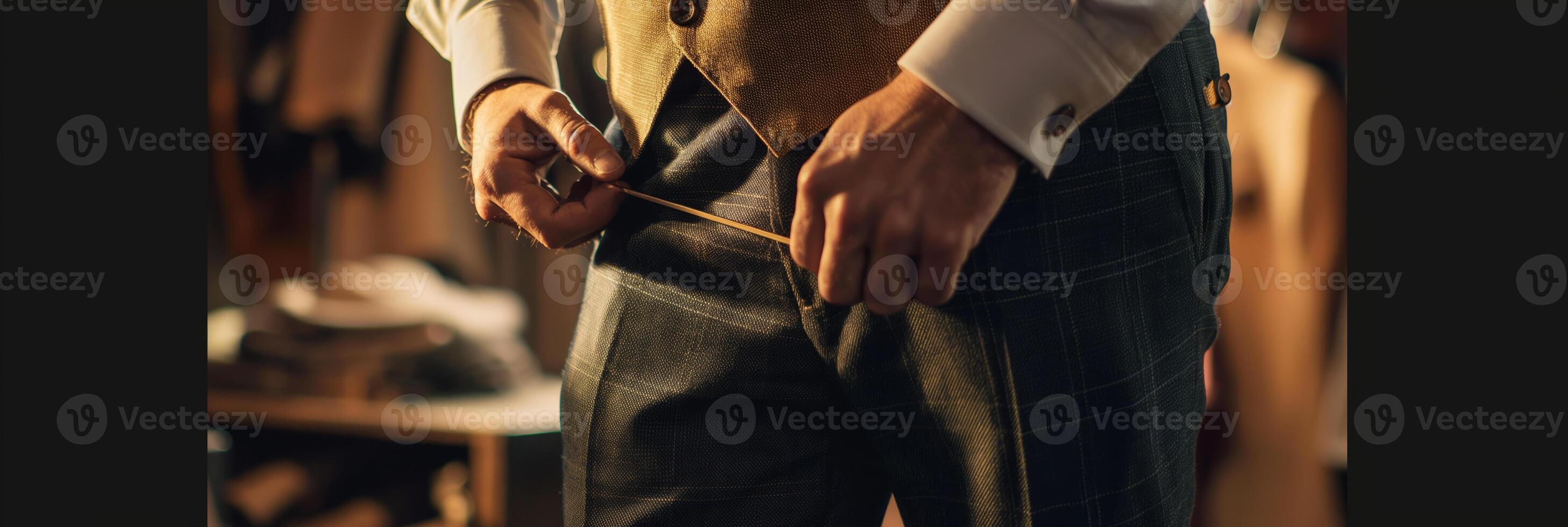 Tailored Suit Perfection CloseUp of a Man Adjusting Belt in Professional Tailoring Studio photo