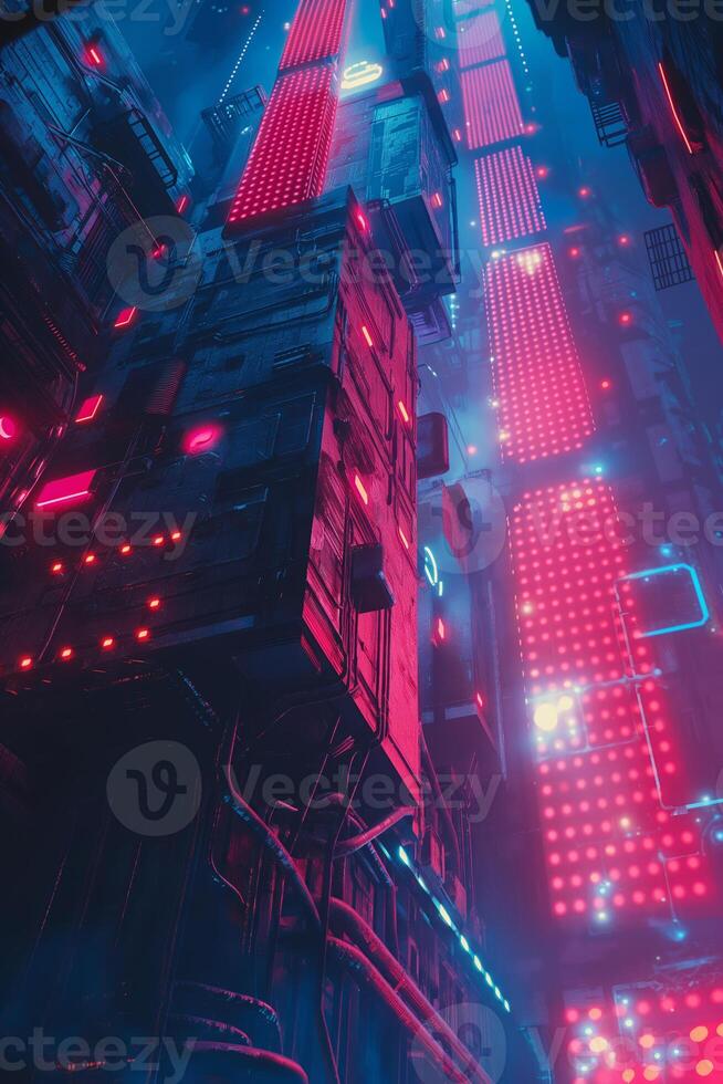Futuristic Neon Cityscape with Skyscrapers and Red Lights in Dystopian Urban Environment photo