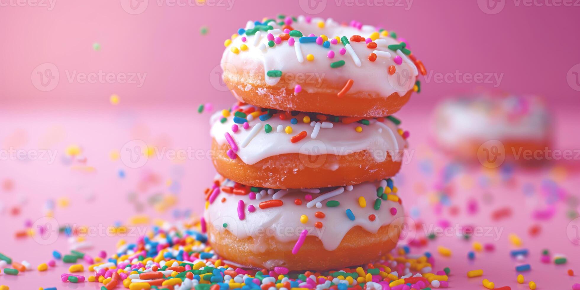 Colorful Stacked Donuts with Sprinkles on Pink Background photo