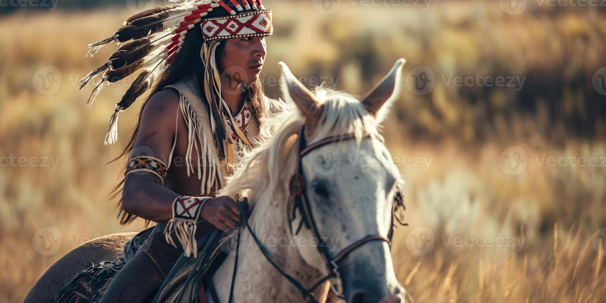 Native American Man Riding Horse in Traditional Regalia in Desert Landscape photo