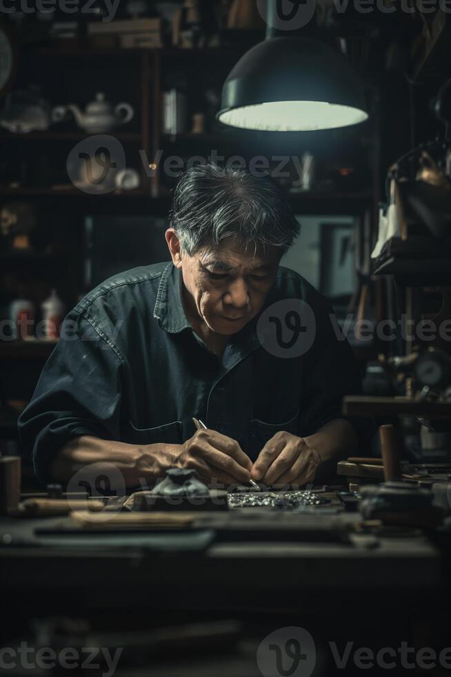 Artisan Craftsman Working in Dimly Lit Workshop with Hand Tools and Materials photo