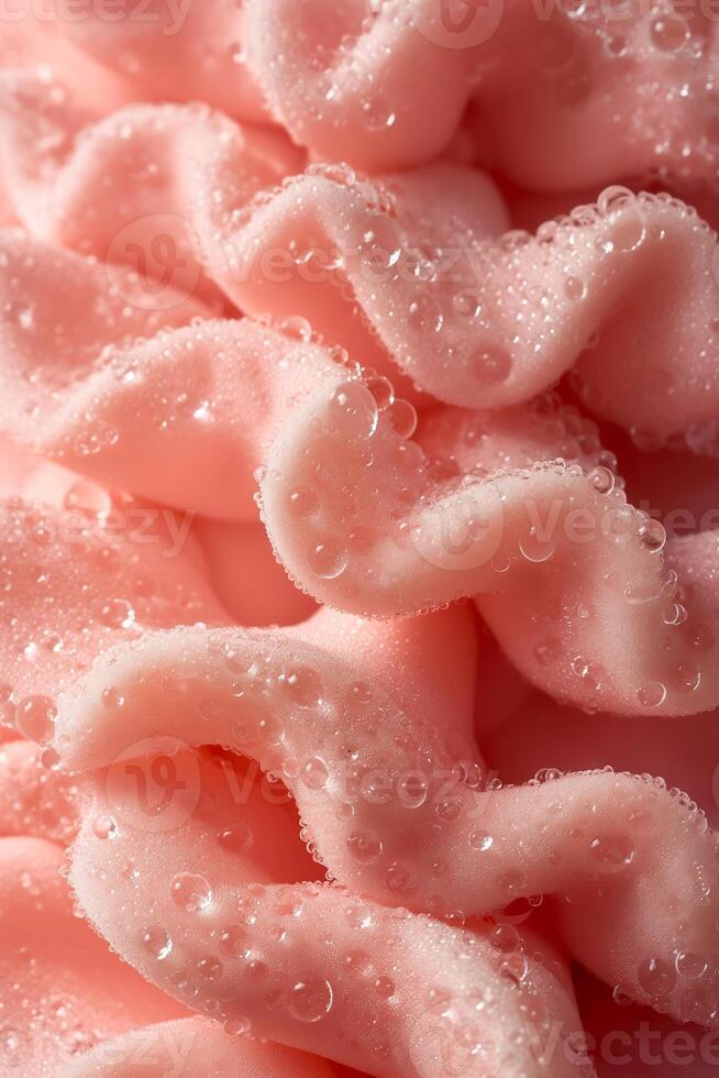 Delicate Pink Fabric with Water Droplets CloseUp, Macro Texture photo