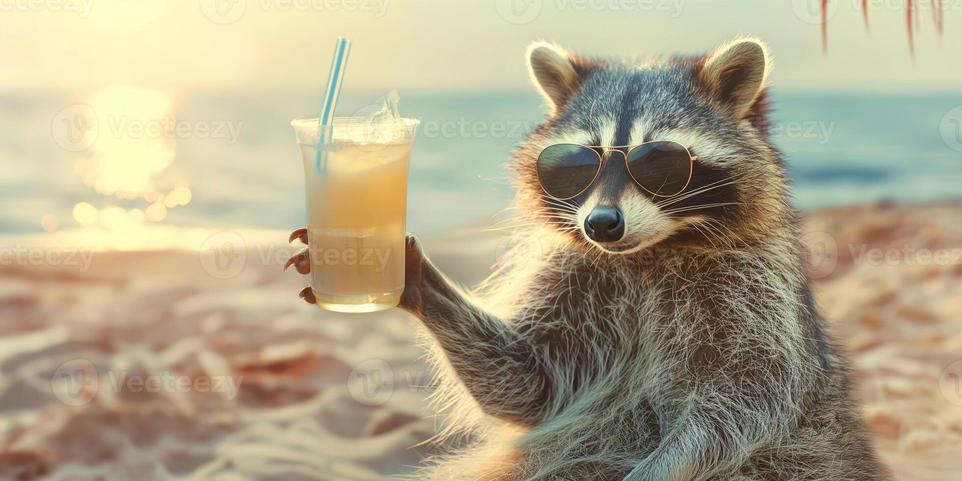 Raccoon Relaxing on Beach with Drink at Sunset, Wearing Sunglasses photo