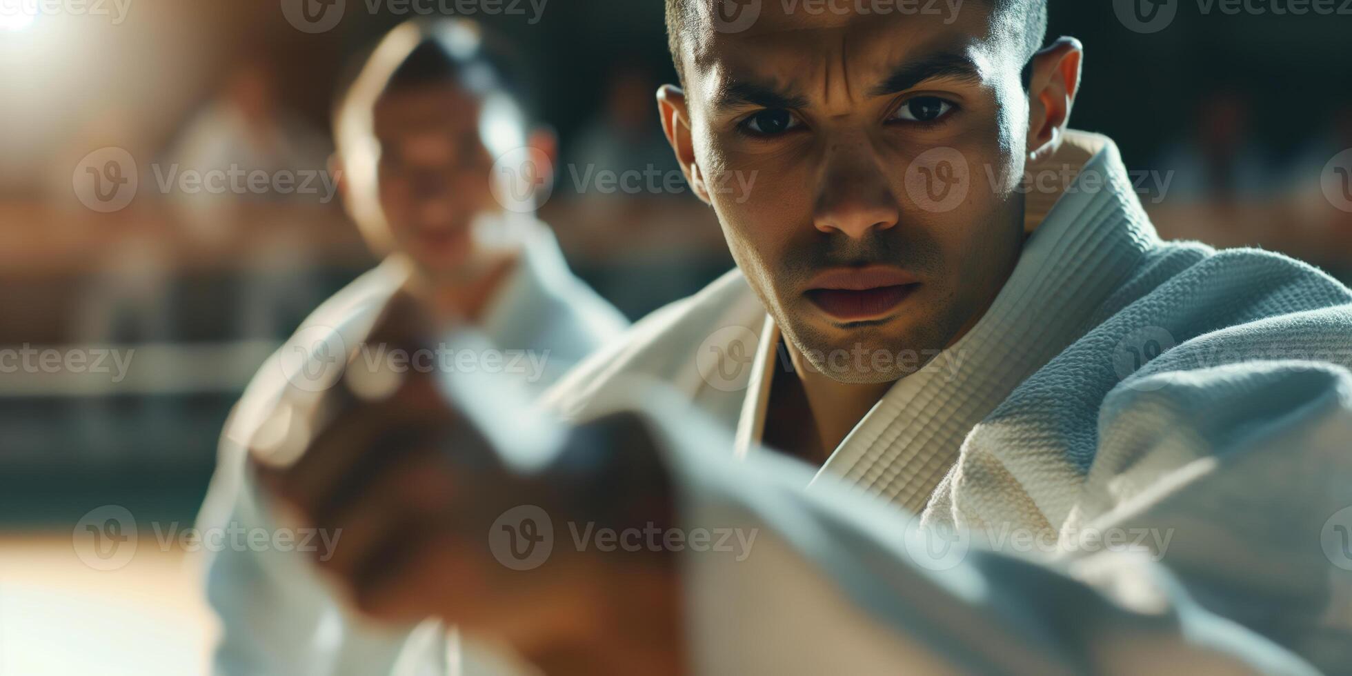 Focused Martial Artist in White Gi Training for Competition photo