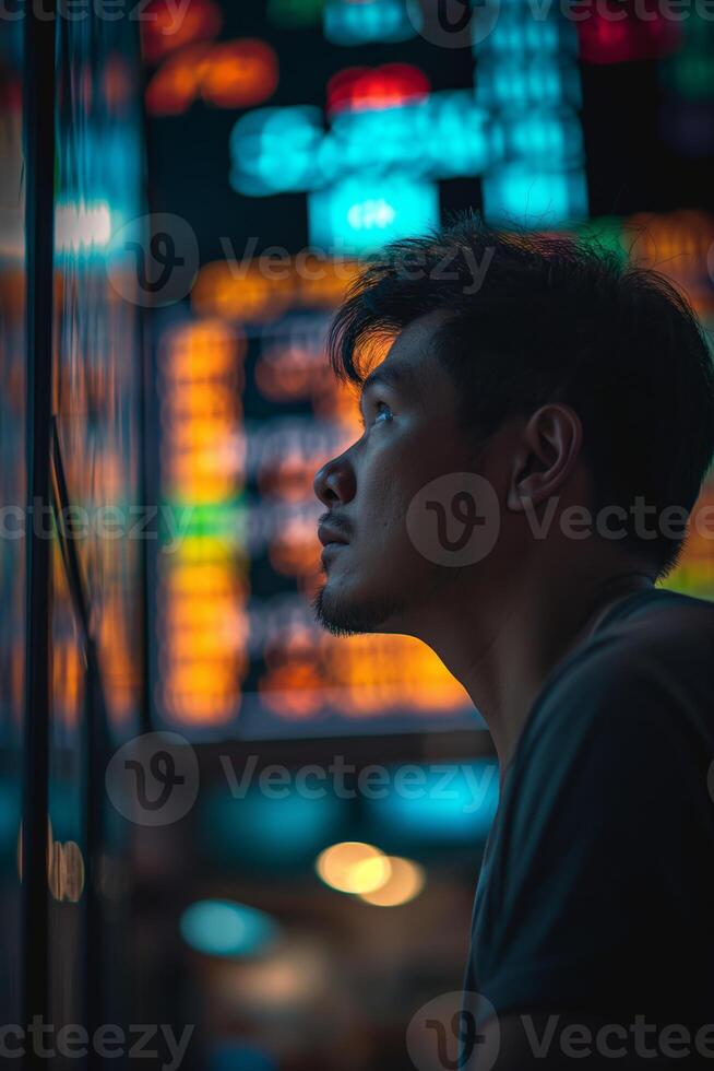 Contemplative Man Observing Dynamic Market Data on Screens photo