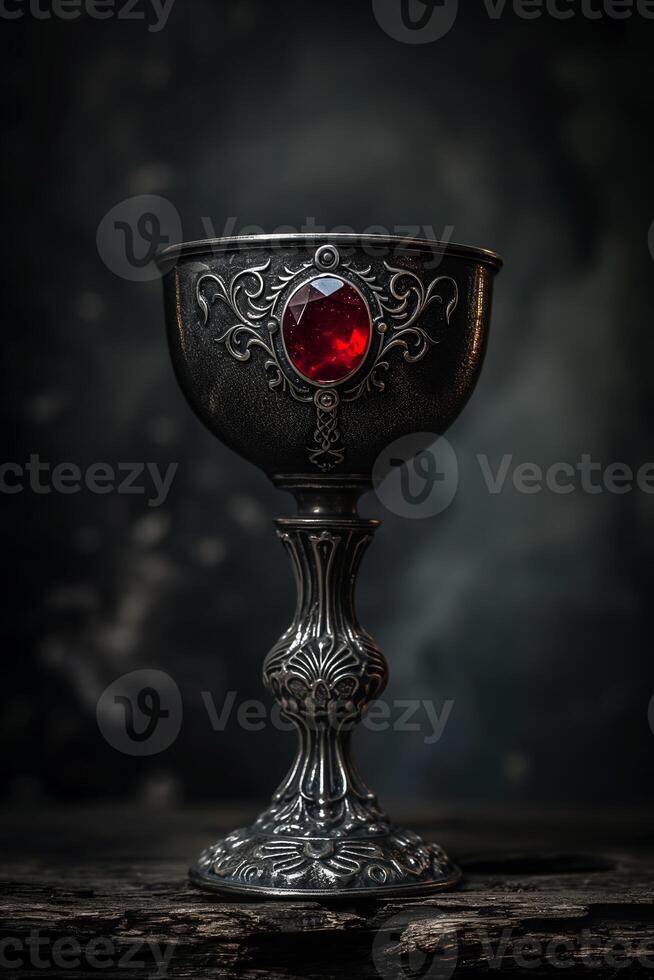 Ornate Silver Chalice with Red Gem in Dark Moody Setting photo