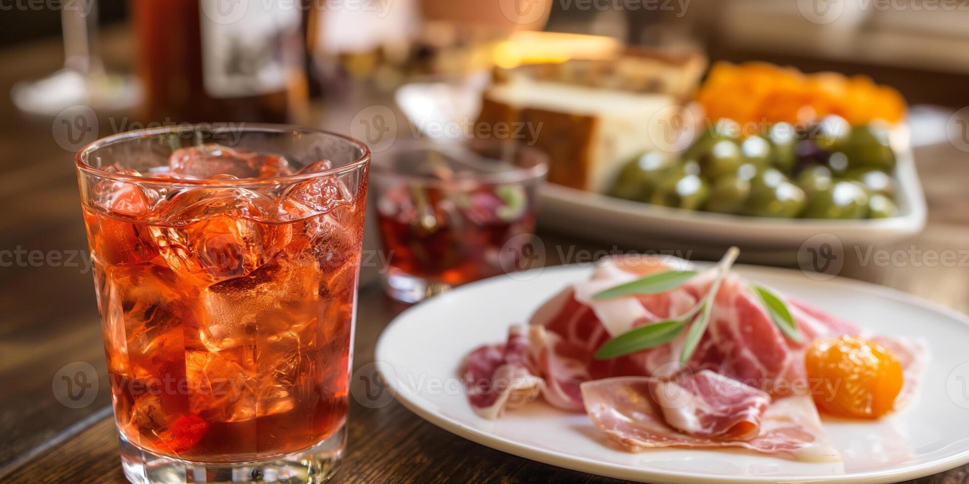 Refreshing Cocktail with Cold Cuts and Seasonal Fruits Platter on a Wooden Table photo