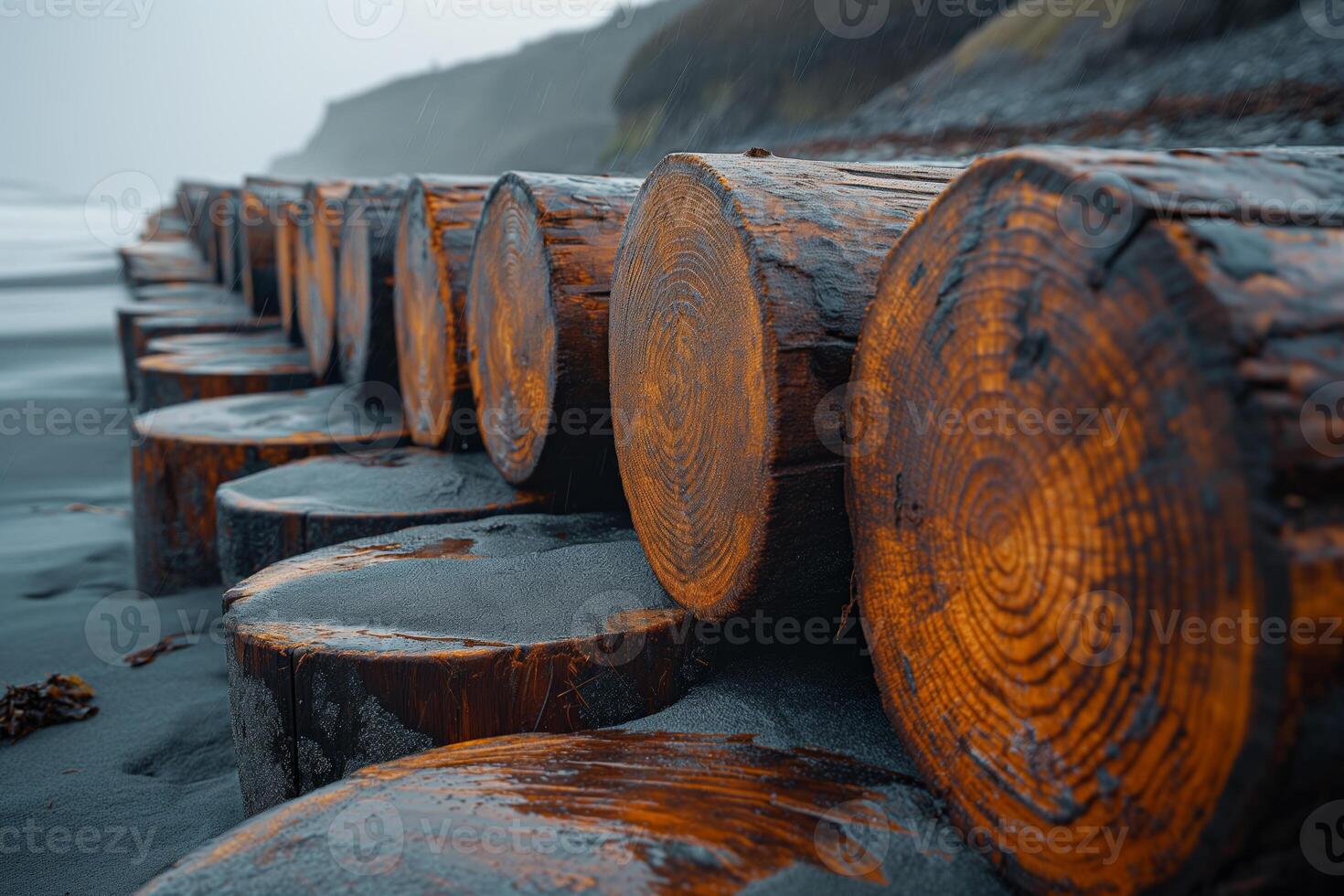 Driftwood Logs on a Rocky Beach in Foggy Weather with Coastal Cliffs photo