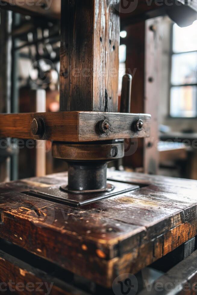 Vintage Industrial Printing Press in Rustic Workshop with Natural Light photo