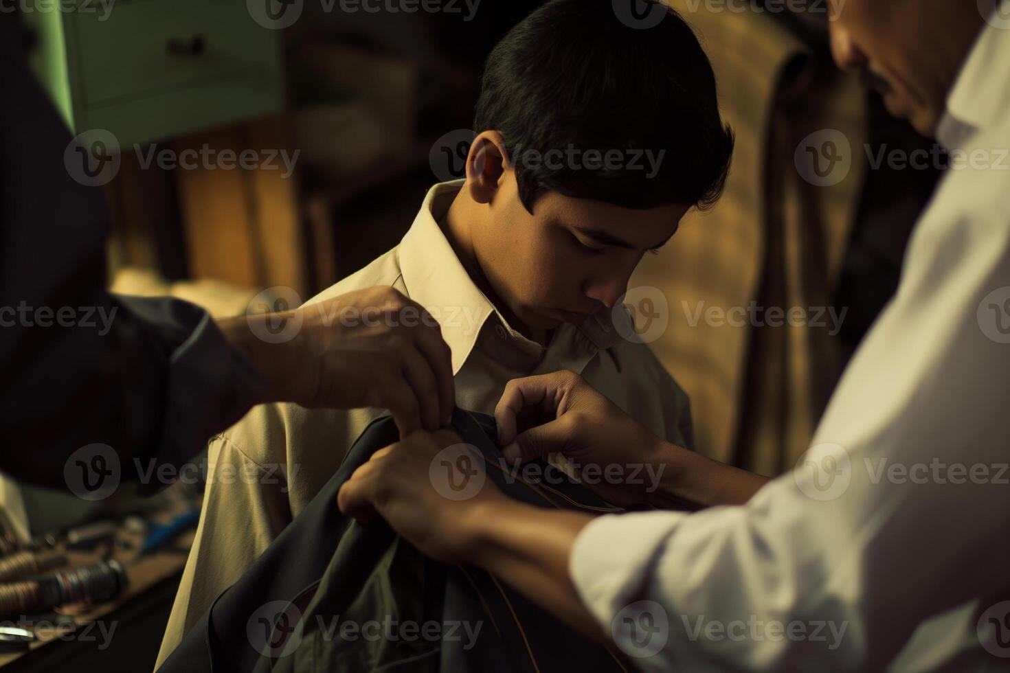 Young Man Getting Fitted for a Suit in Tailor Shop with Helping Hands photo