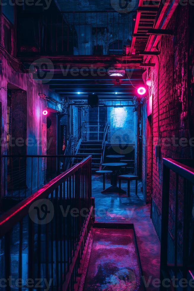 Urban Alleyway with Neon Lights Dark Industrial Night City Scene photo