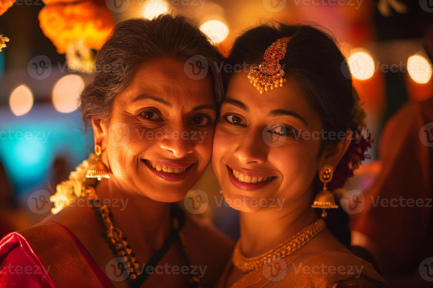 Mother and Daughter Smiling at Traditional Festive Celebration photo