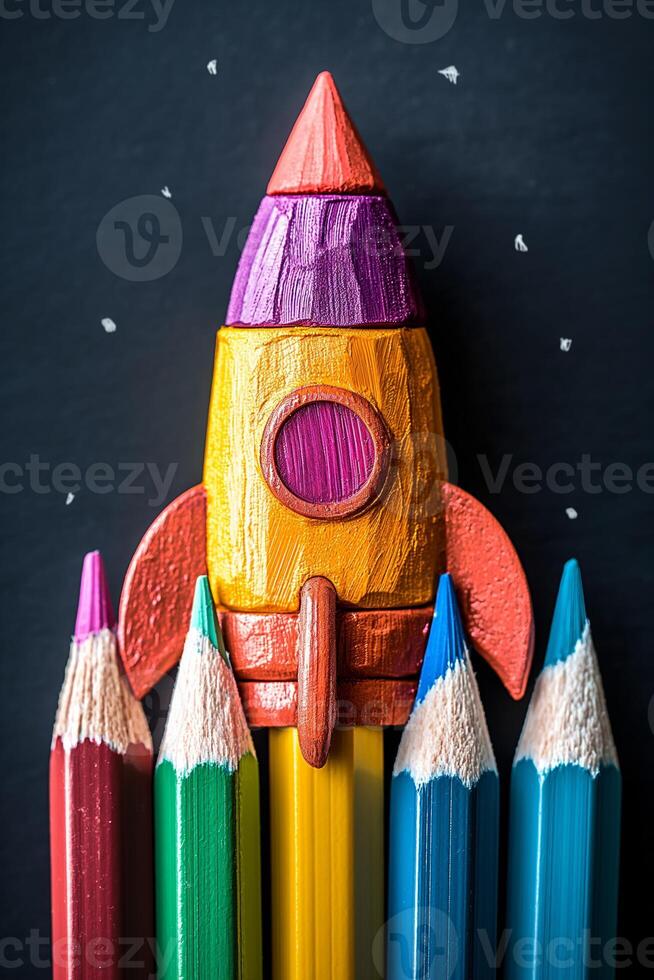 Colorful Rocket Made from Pencils on Dark Background Creative BacktoSchool Concept photo