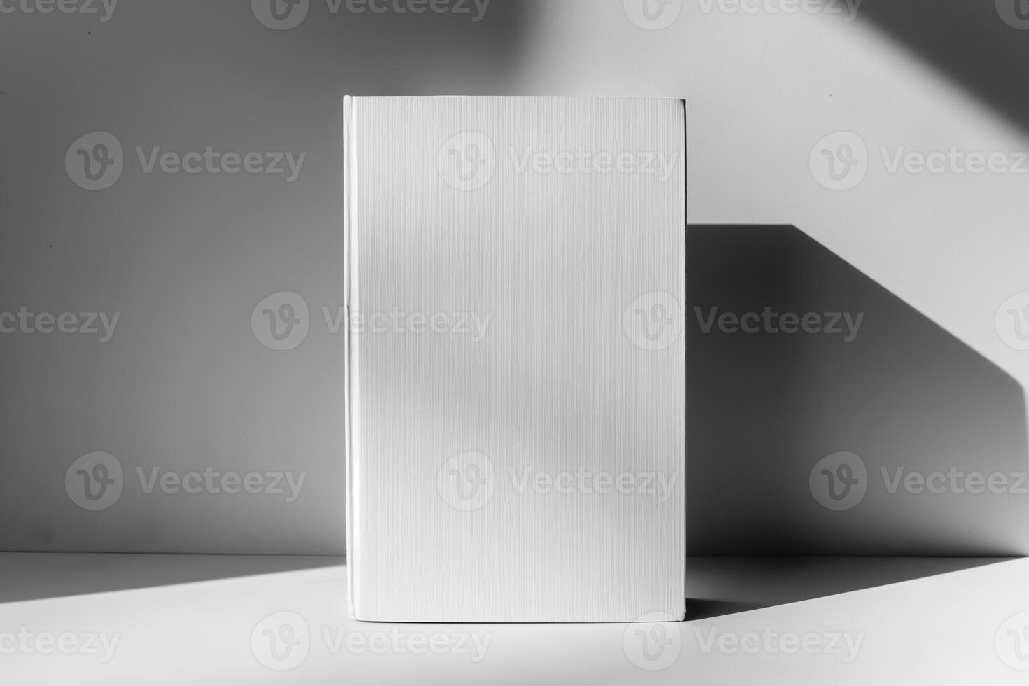 Minimalist Blank Hardcover Book Standing in Harsh Dramatic Light and Shadow photo