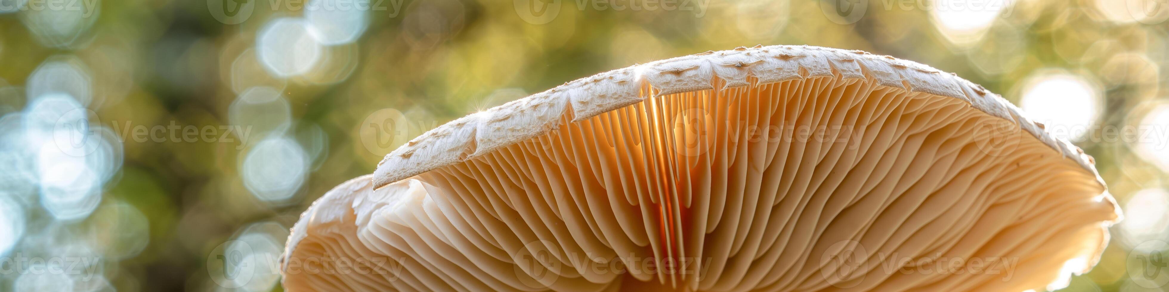 CloseUp of Mushroom Gills Against Sunlit Bokeh Background photo