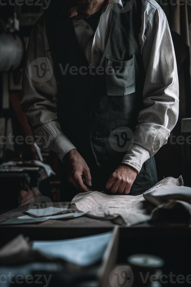 Tailor Working in Vintage Workshop with Traditional Techniques and Tools photo