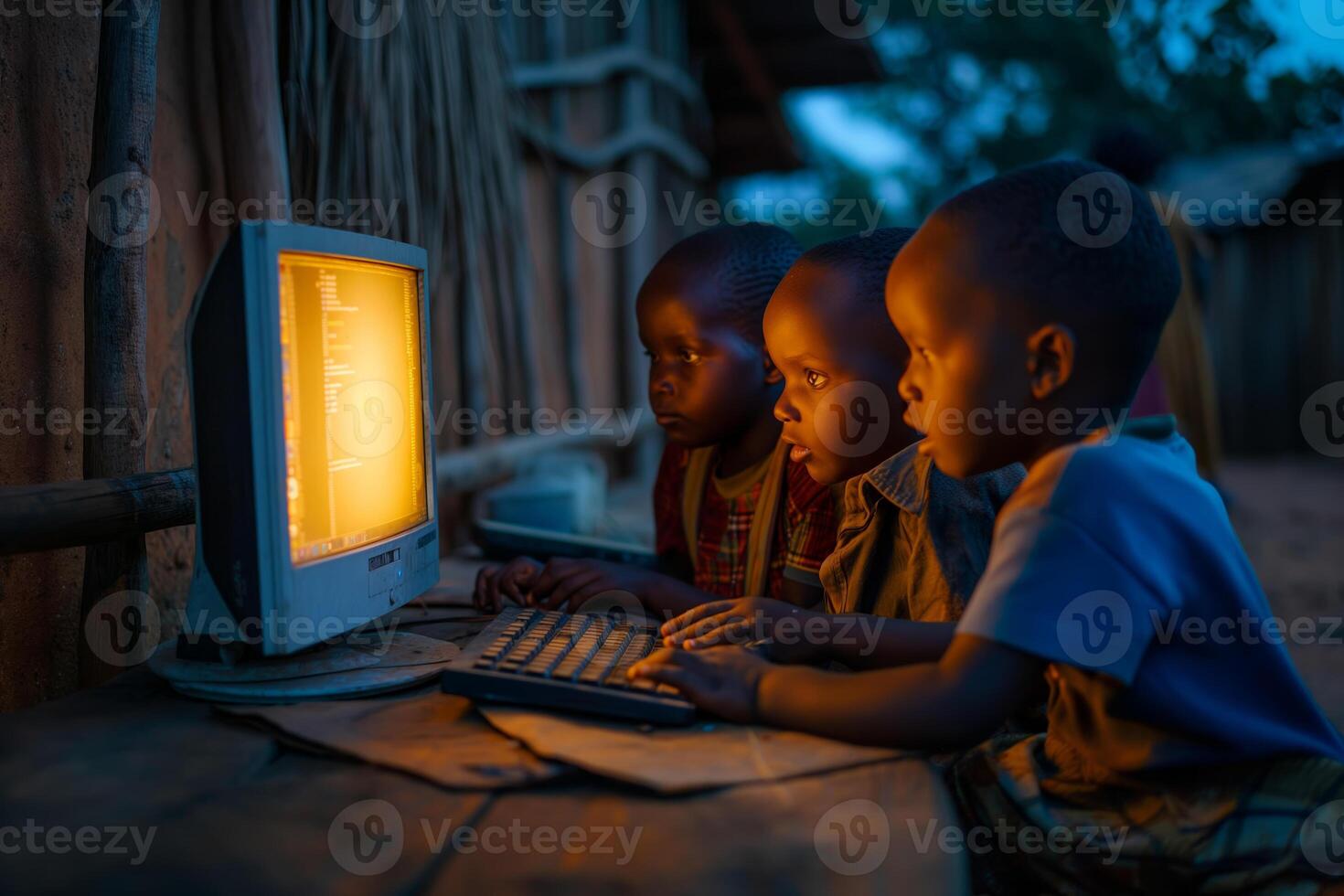 Three Children Enthralled by Computer Screen in Rural Setting at Dusk photo