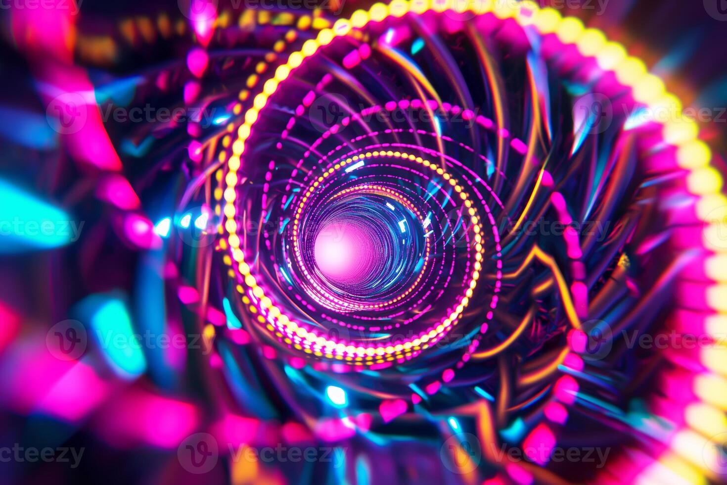 Vibrant Neon Spiral Light Tunnel Futuristic Abstract Art with Colorful Glowing Patterns photo