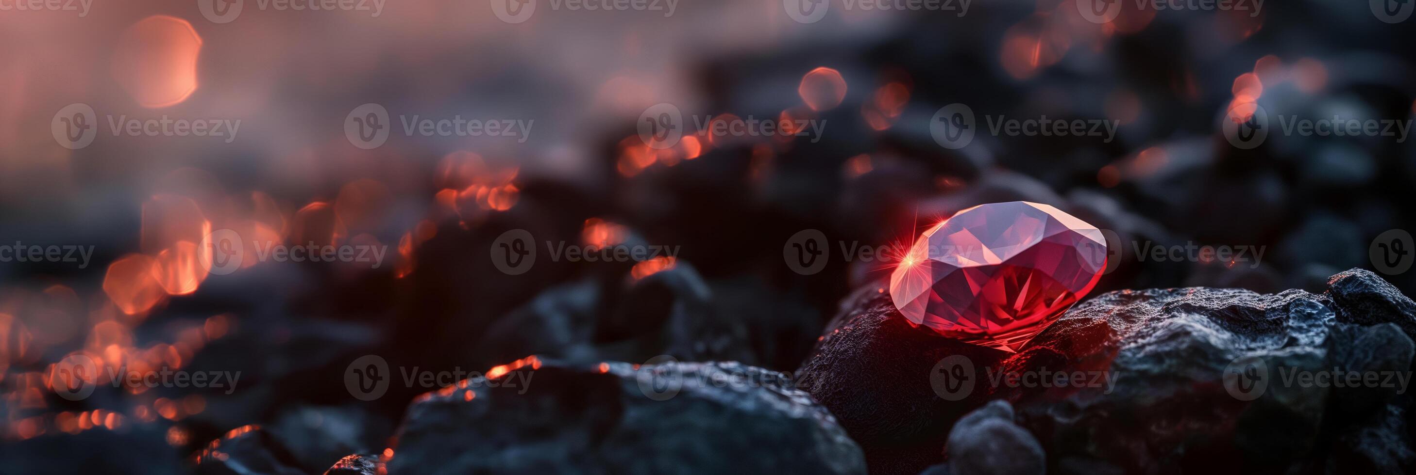 Radiant Red Gemstone Sparkling on Dark Rocks at Twilight photo
