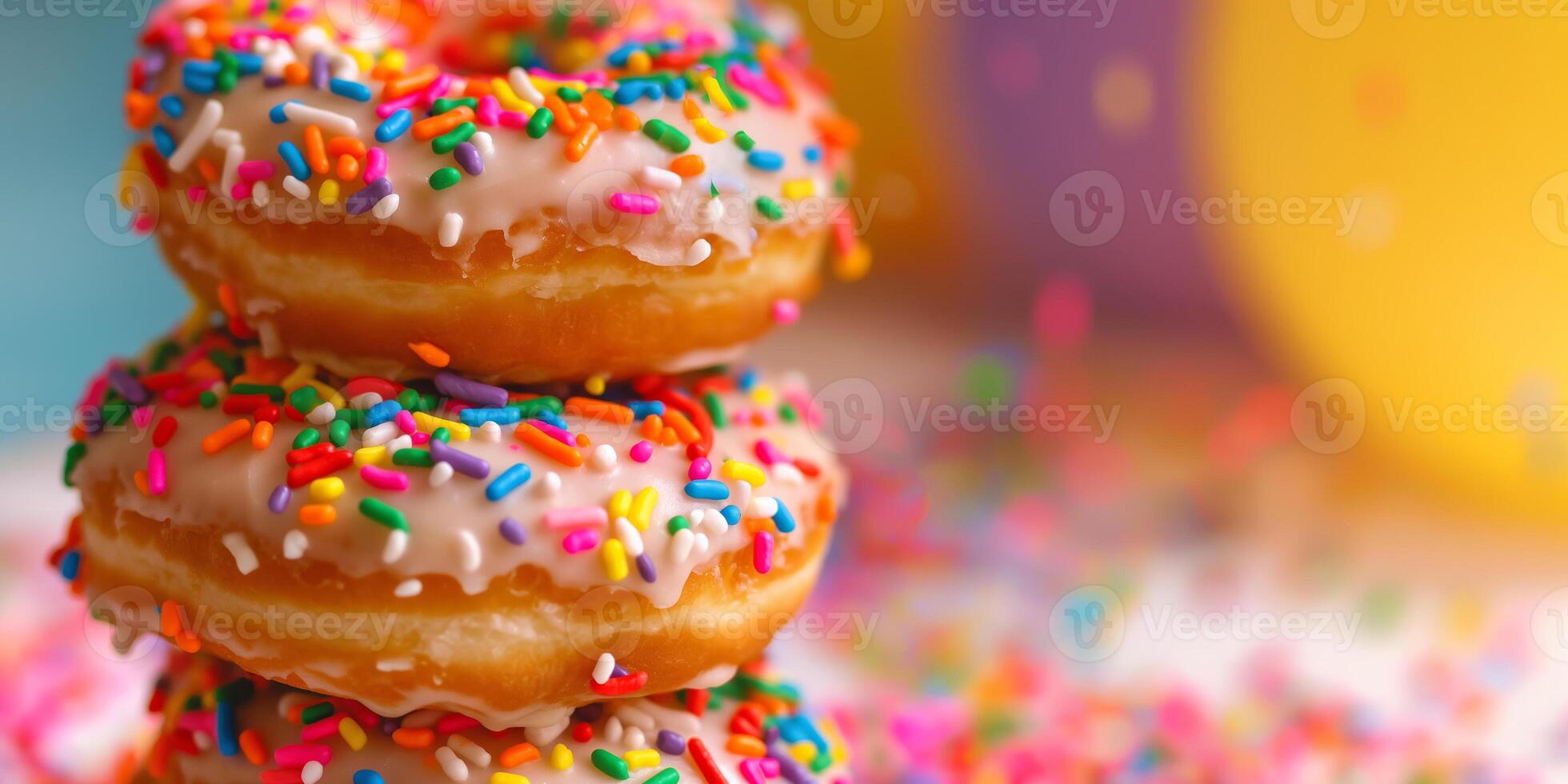 Colorful Stacked Donuts with Bright Sprinkles and Frosting Against Blurred Pastel Background photo