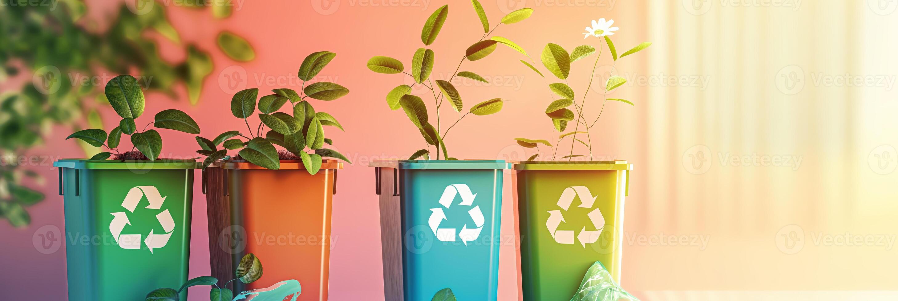 Recycling Bins with Growing Plants Representing Environmental Sustainability and EcoFriendly Practices photo