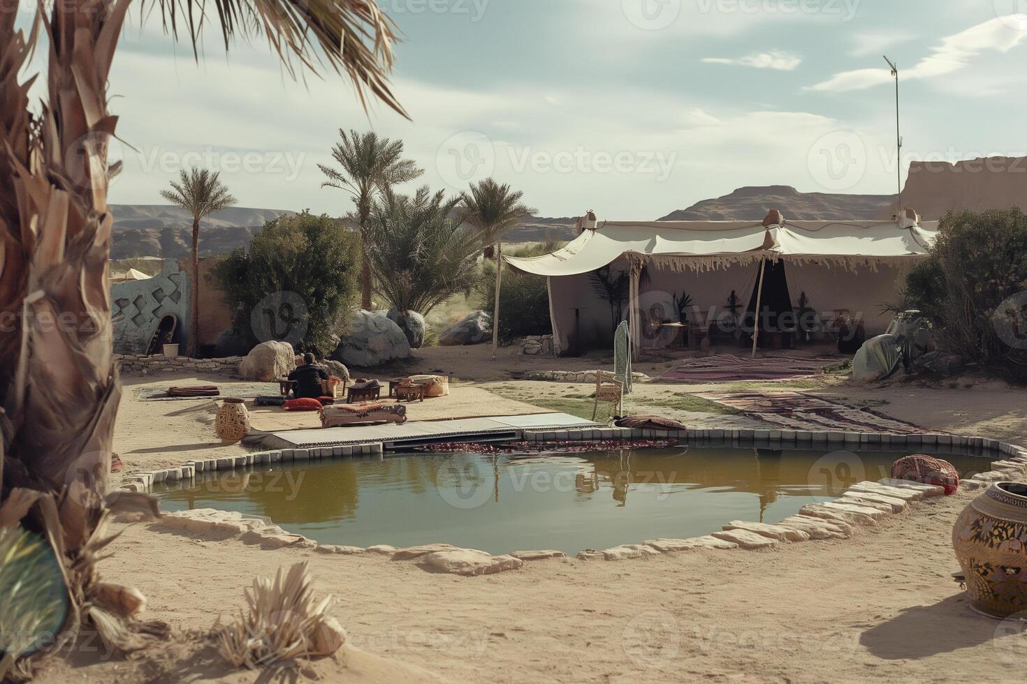 Desert Oasis with Rustic Tent and Palm Trees Surrounding a Small Natural Pool photo