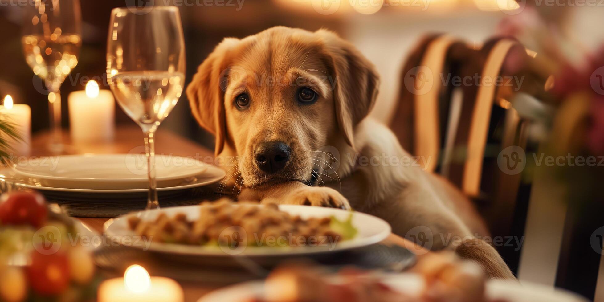 Adorable Puppy at Dinner Table with Candlelight Warm and Cozy Evening Scene photo