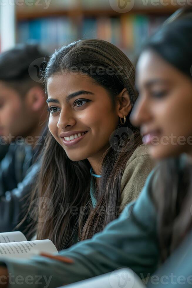 Smiling Students in Class Engaged in Group Study Session in Library photo
