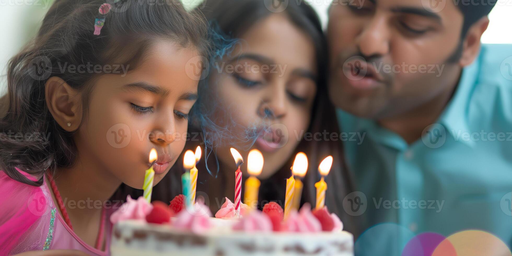 Family Celebrating Birthday with Children Blowing Out Candles on Cake photo