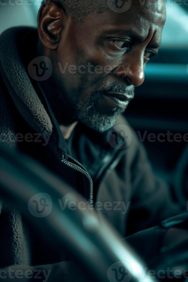 Contemplative Man in Car Wearing Warm Jacket During Winter Season photo