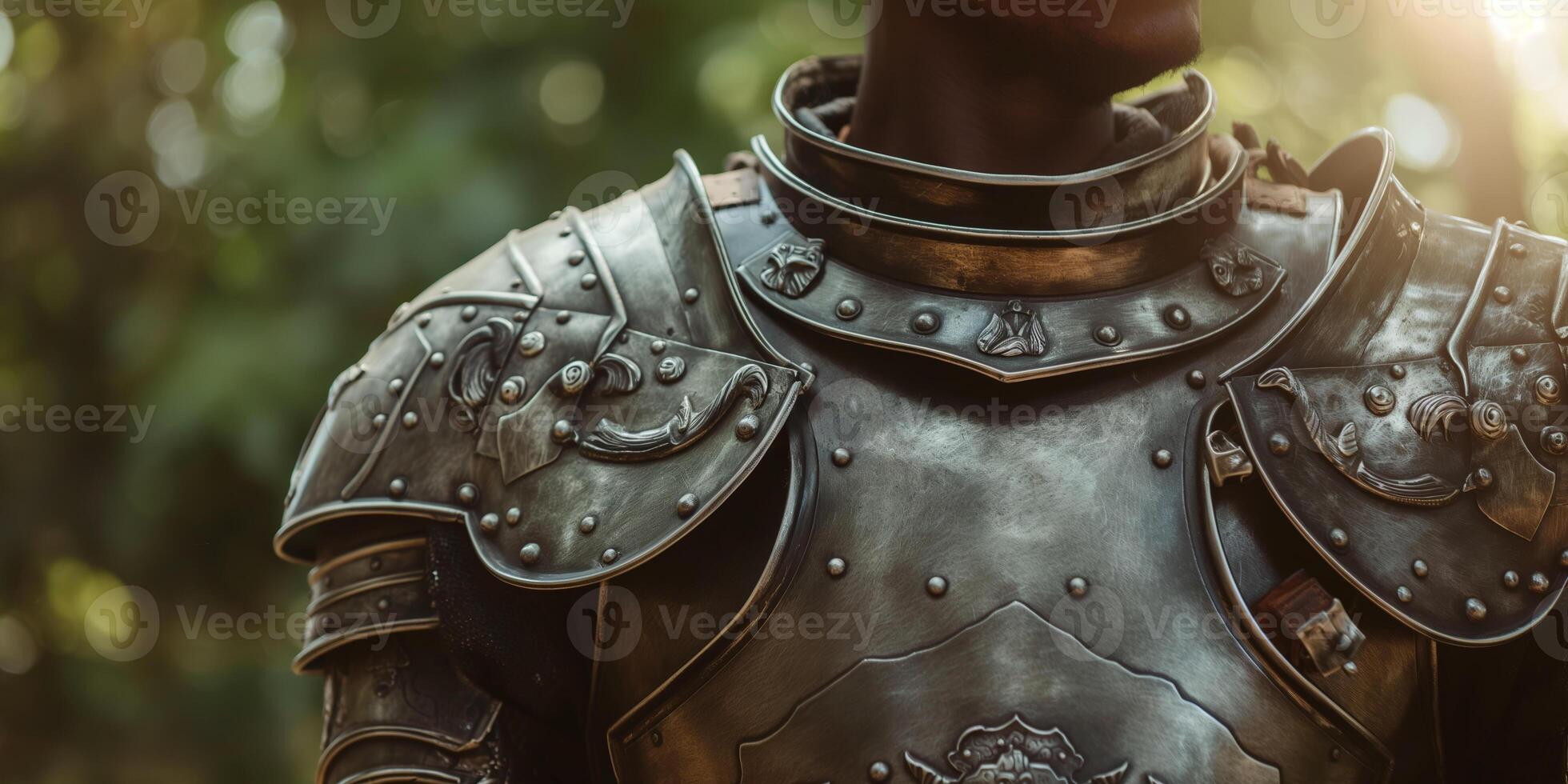 Medieval Knight Armor in Sunshine with Greenery Background photo