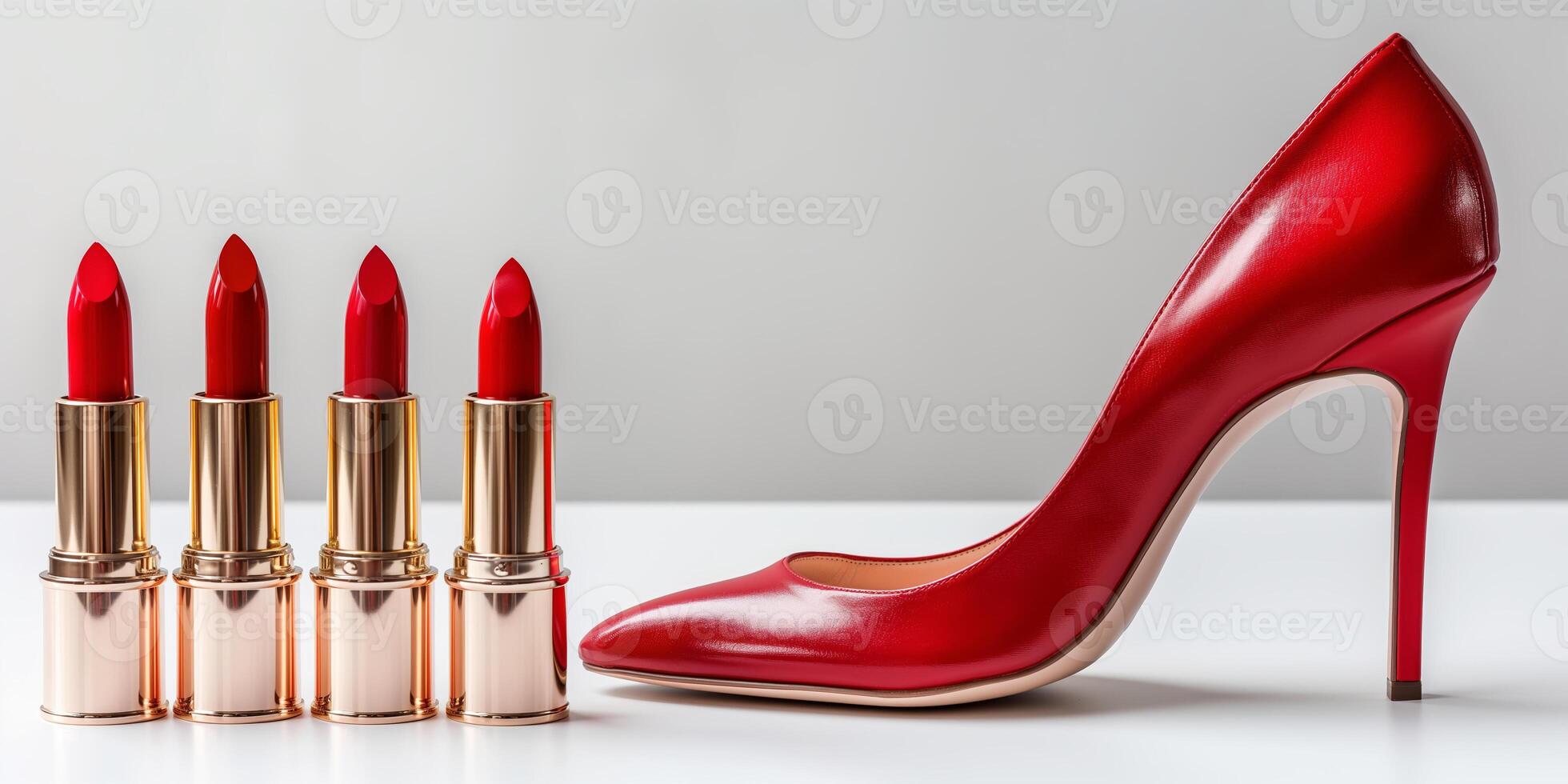 Elegant Red Lipsticks in a Row with Matching High Heel Shoe on a White Background photo