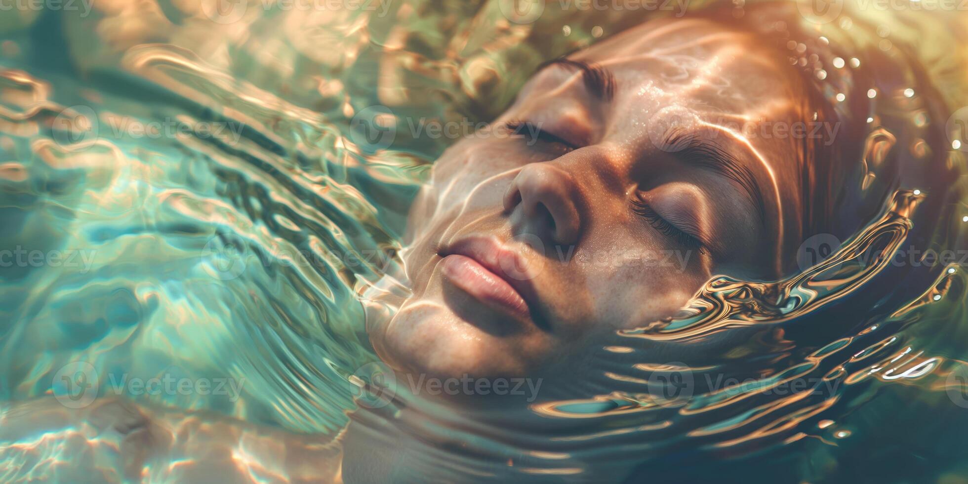 Serene Woman Floating in Water with Sunlit Reflections on Her Face photo
