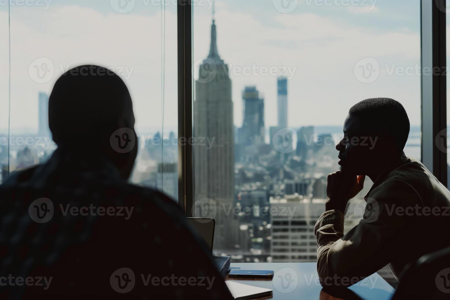 Silhouetted Business Discussion in Modern Office with City Skyline Backdrop photo
