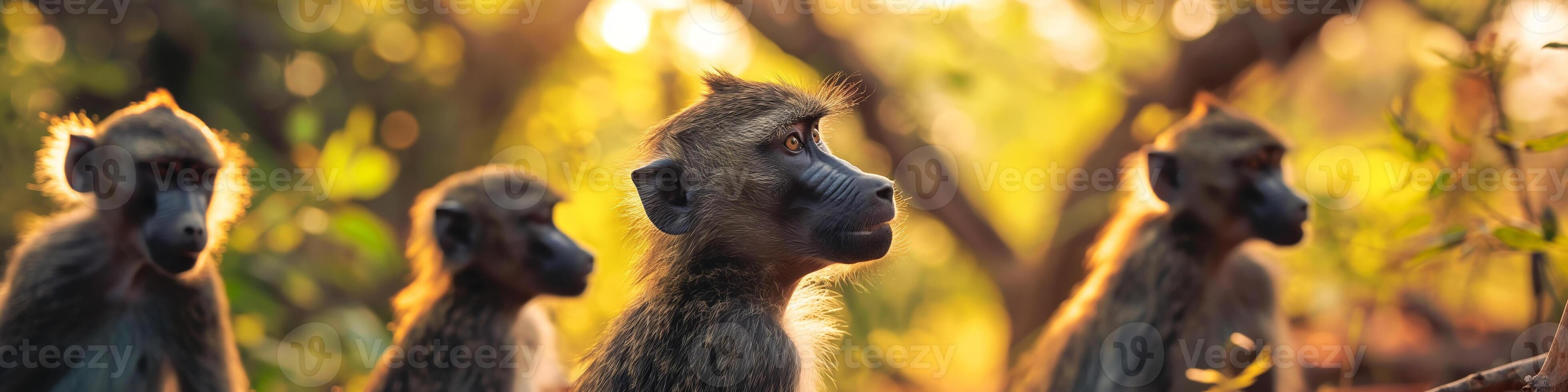 Group of Monkeys in Sunlit Forest Wildlife with Warm Golden Light photo