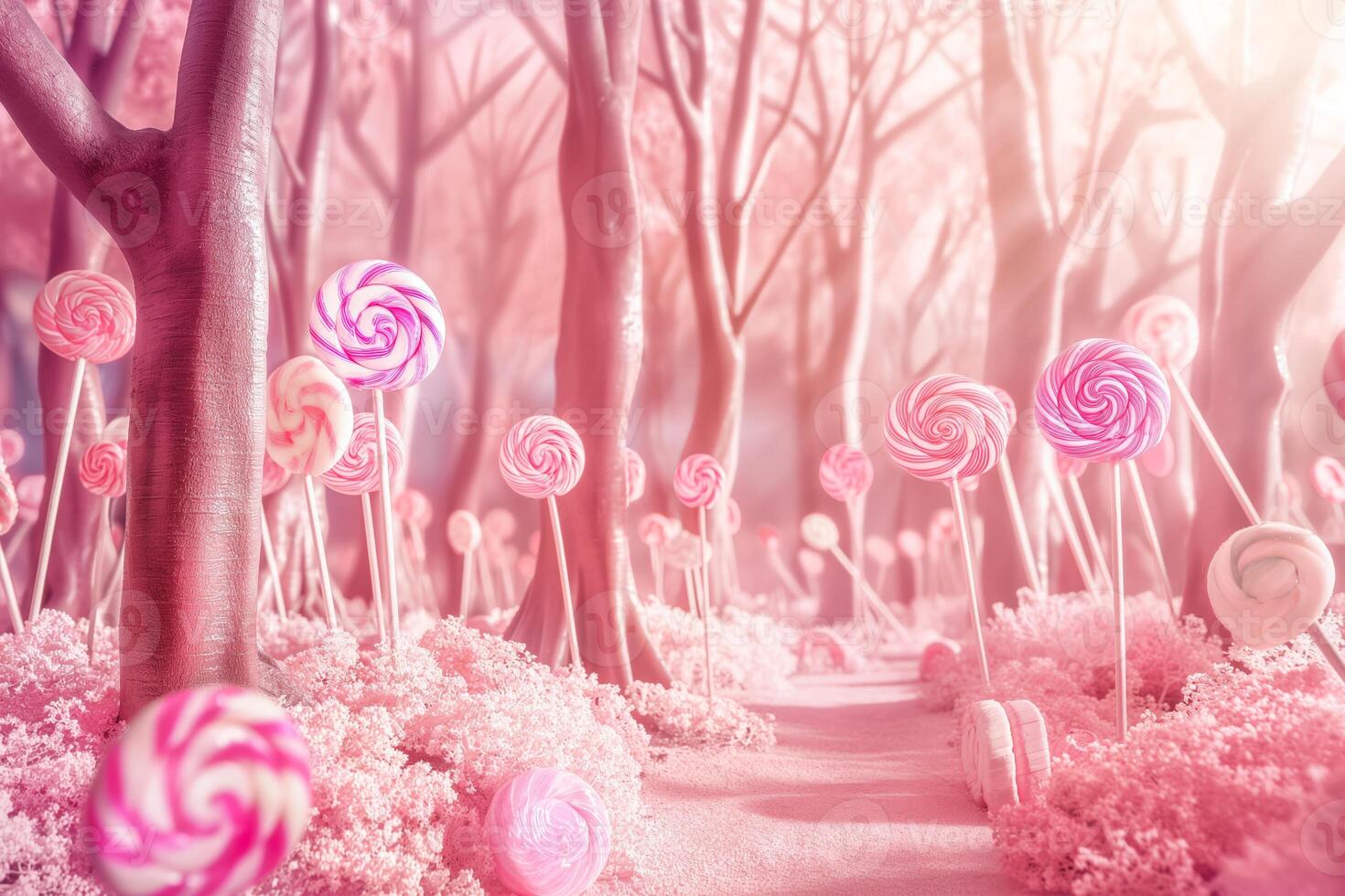 Whimsical Candy Forest with Lollipop Trees in Pastel Pink Setting photo