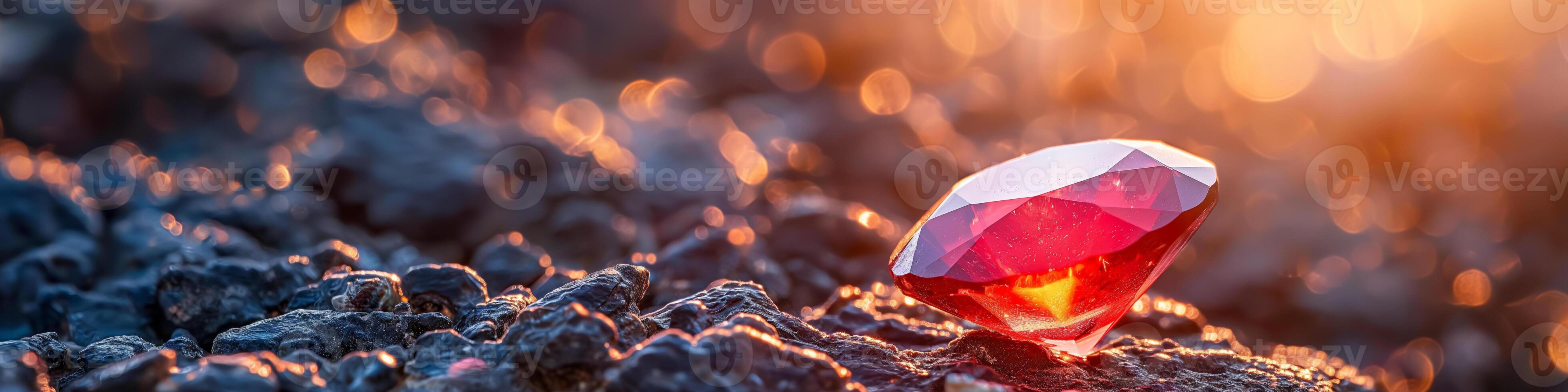 Radiant Ruby Gemstone Glittering on Rough Terrain Amidst Vibrant Sunset photo