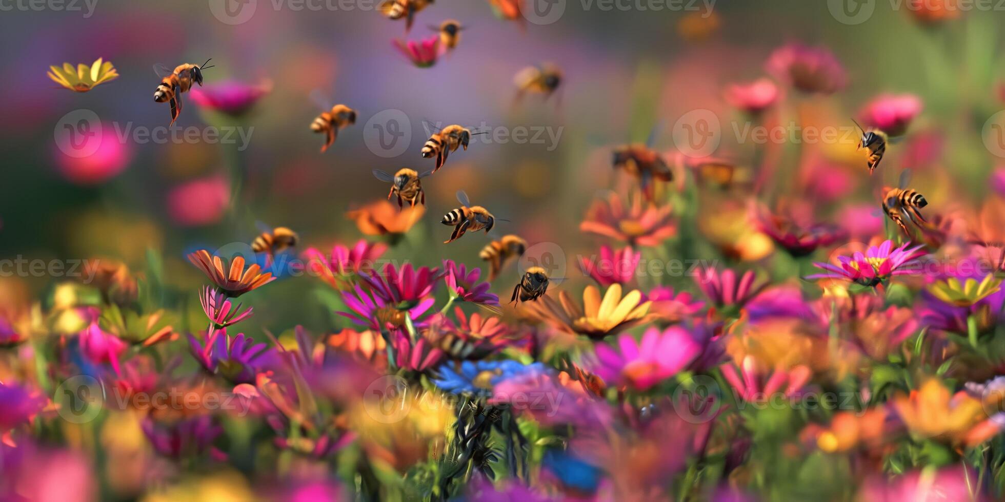 Bees Pollinating Vibrant Wildflowers in a Colorful Meadow photo