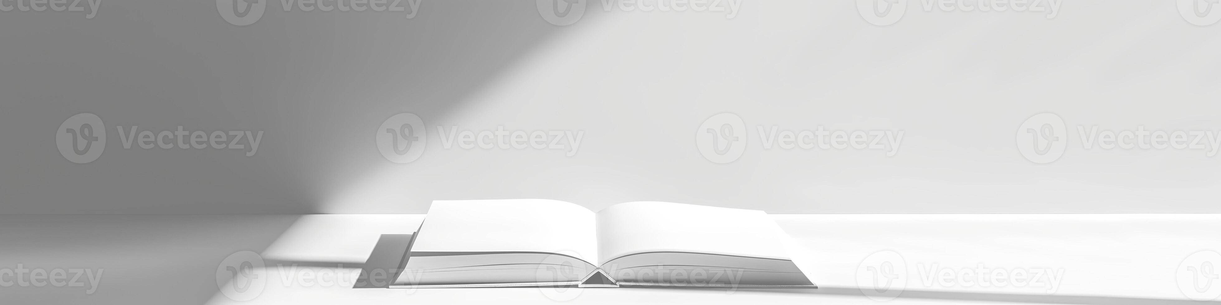 Minimalist Open Book in Sunlight on White Surface, Shadow Play, Knowledge Concept photo