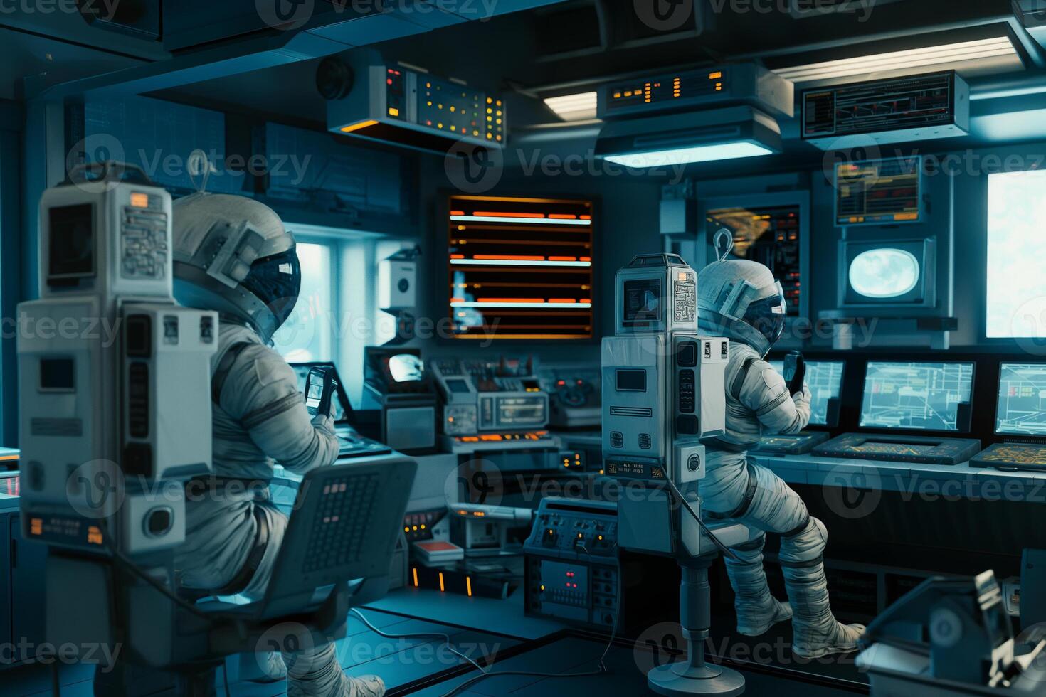 Astronauts Monitoring Space Mission in HighTech Control Room aboard Spacecraft photo