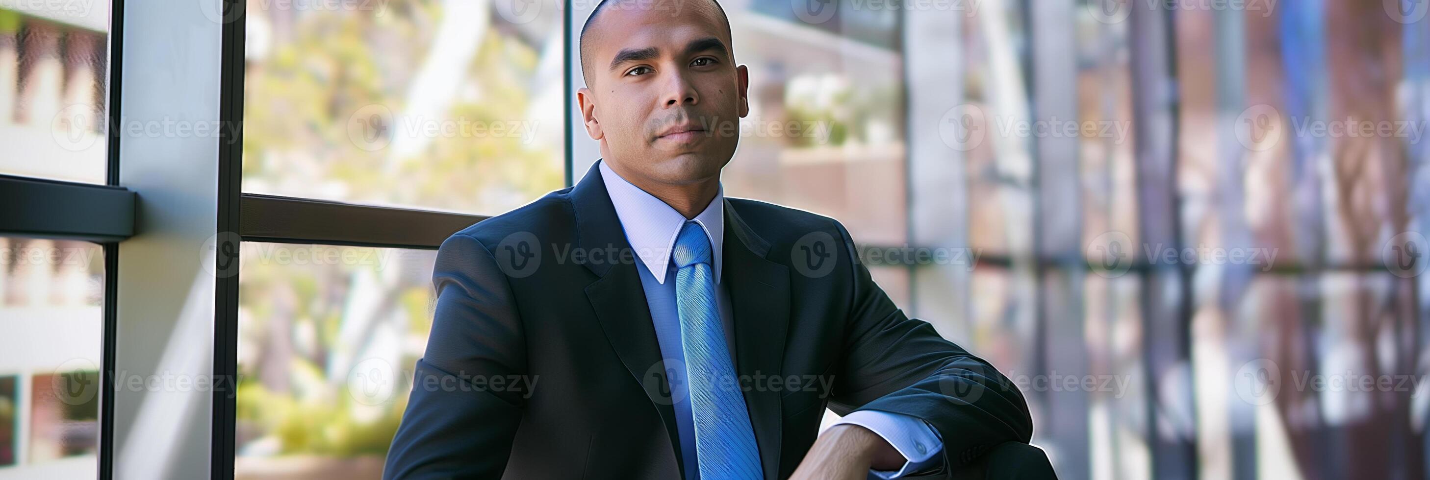 Confident Businessman in Office Building Seated by Window in Professional Attire photo