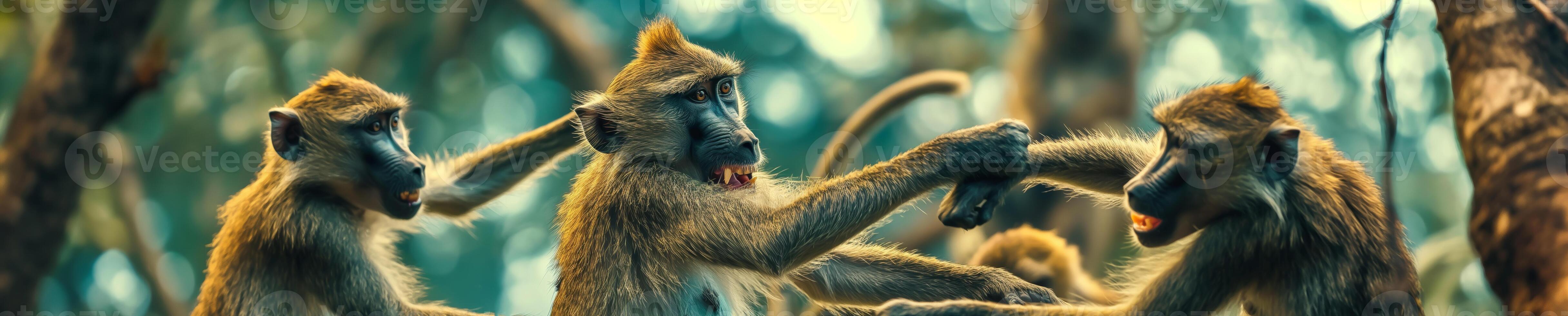 Group of Playful Monkeys Interacting in Natural Habitat in Lush Forest photo