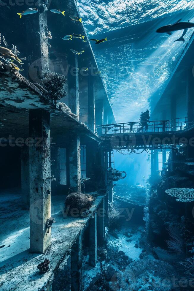 Underwater Exploration Inside Sunken Structure with Coral and Fish photo