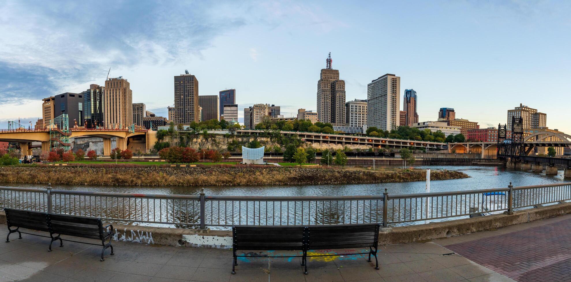 St Paul, MN - 14 October 2023. Early morning cityscape of St Paul Minnesota and Mississippi river photo