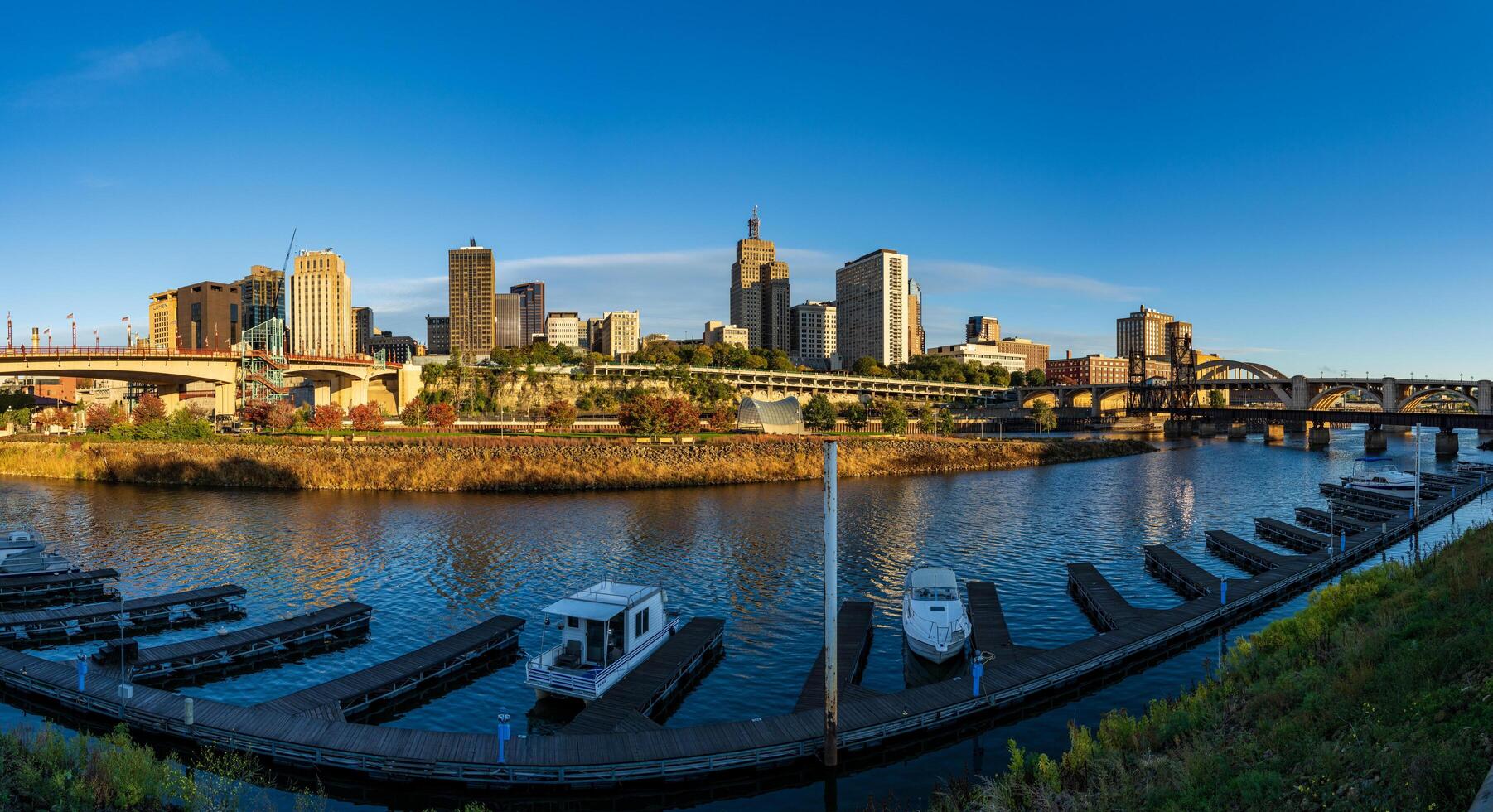 St Paul, MN - 14 October 2023. Early morning cityscape of St Paul Minnesota and Mississippi river photo