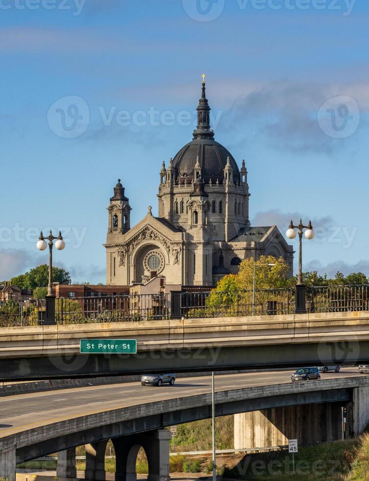 Cathedral of St Paul in St. Paul Minnesota seen over the St Peter St bridge photo