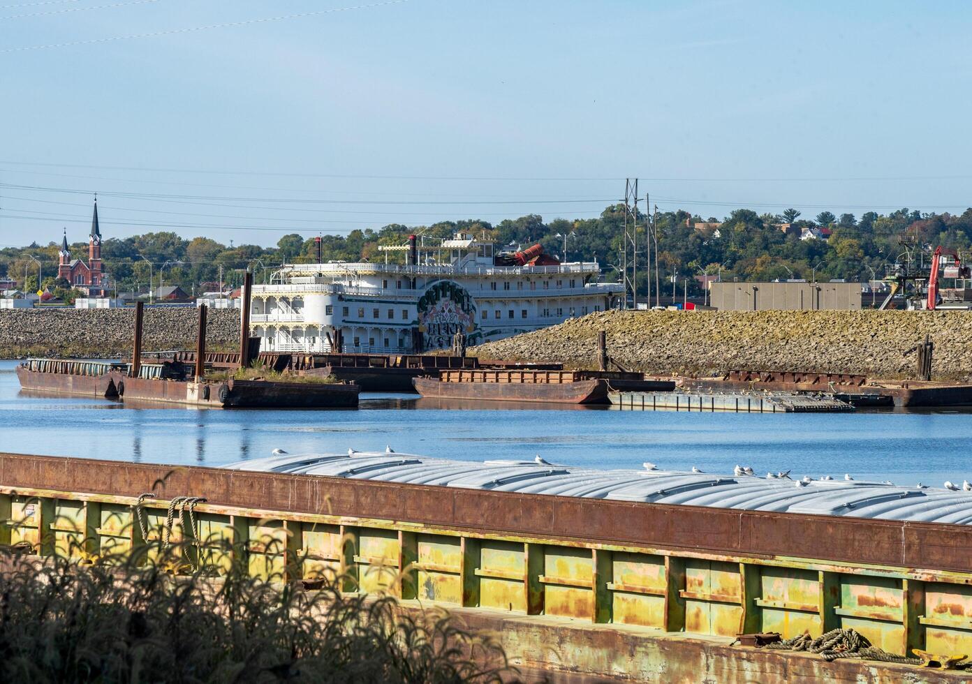 Dubuque, IA - 17 October 2023.Abandoned traditional river boat and casino Catfish Bend in harbor in Iowa photo