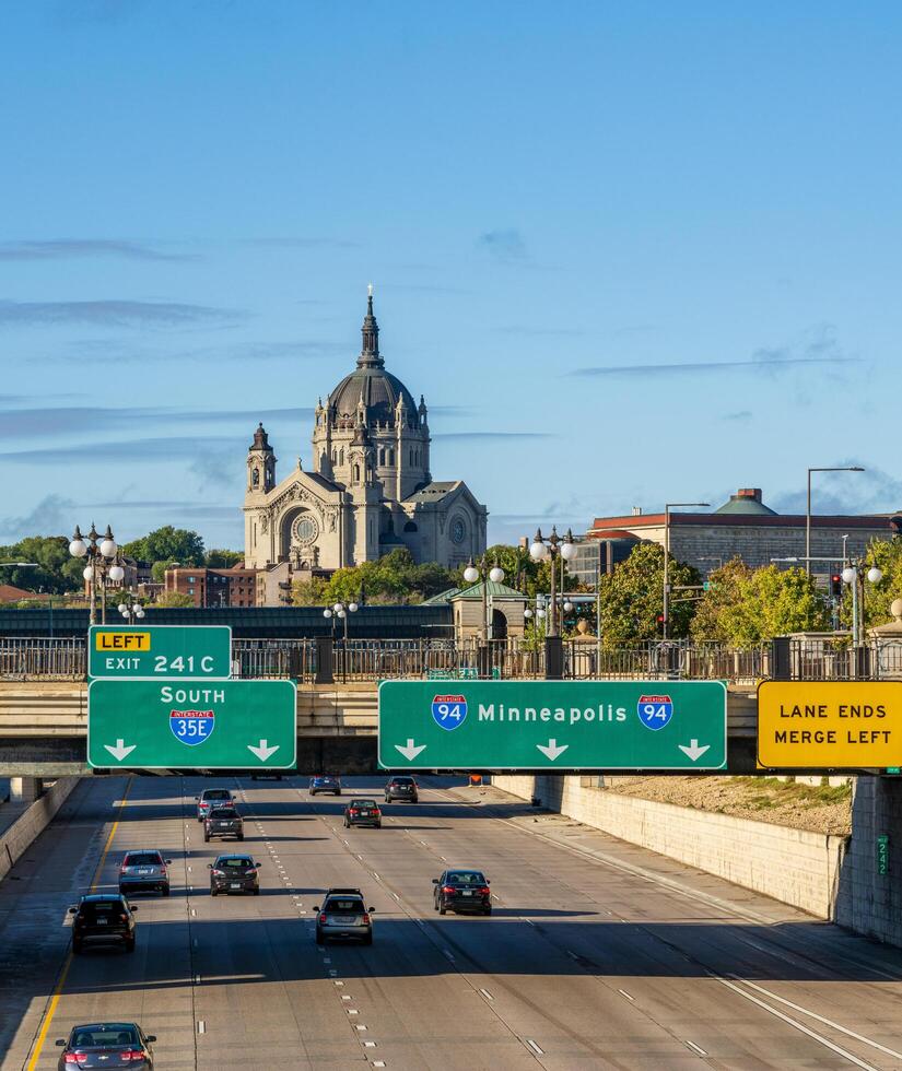 St Paul, MN.14 October 2023. Cathedral of St Paul in St. Paul Minnesota seen over the interstate I94 to Minneapolis photo