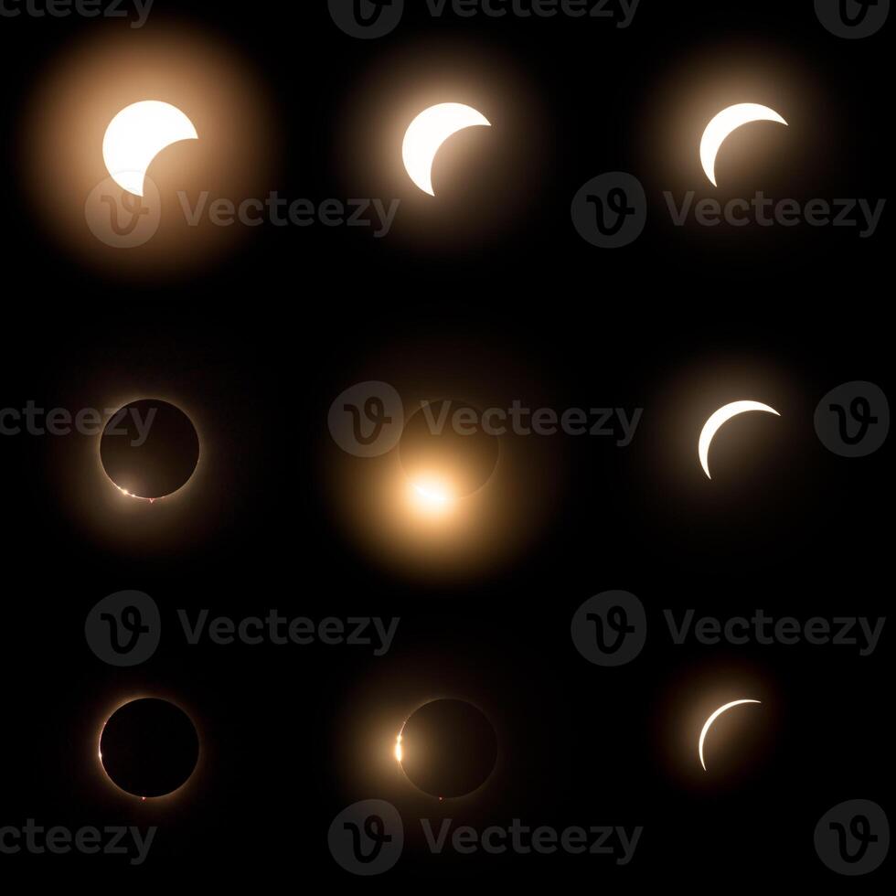 Composite of 9 images of the solar eclipse in 2024 from start through total eclipse. Beginning of the uncovering of the sun with the Baily's Beads photo